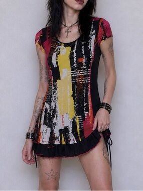 1990s Neon Abstract Graphic Ruched Top with Ruffles
